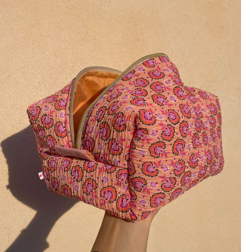 Trousse de maquillage tissu orangé fleuri