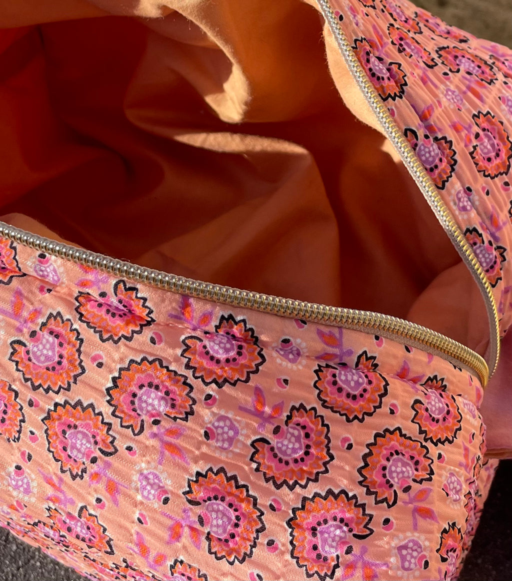 Trousse de maquillage tissu orangé fleuri